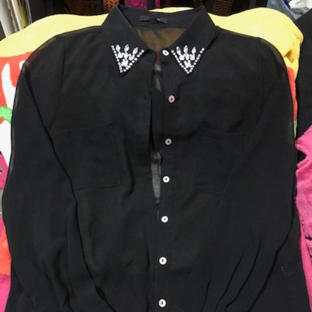 Sheer Mesh Jeweled Collar Blouse